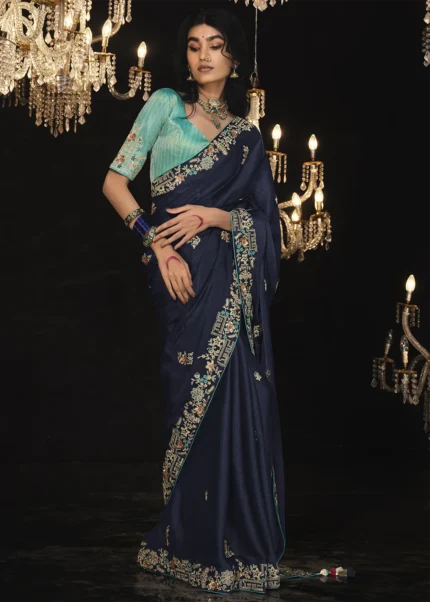 Navy Blue Embroidered Silk Saree with Embroidered Blouse