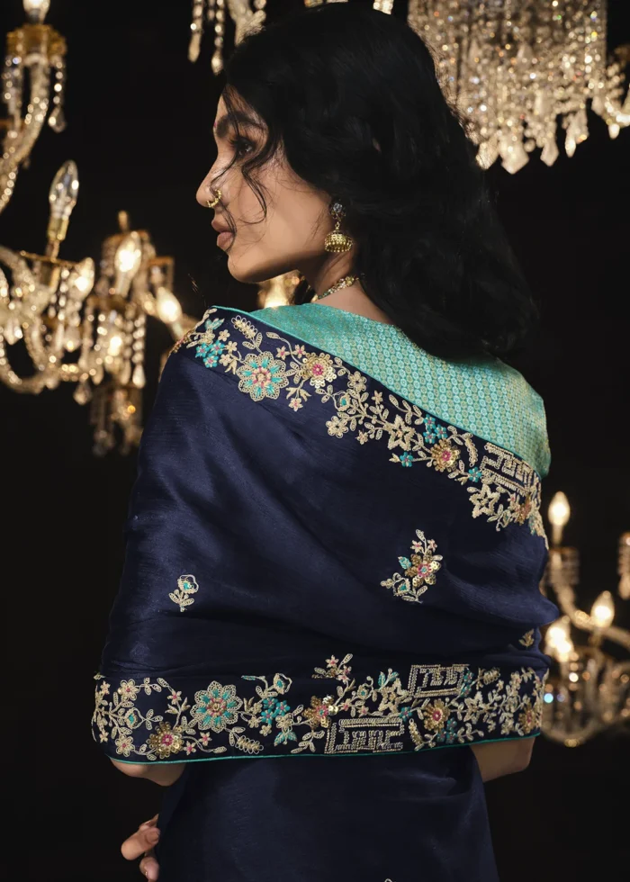 Navy Blue Embroidered Silk Saree with Embroidered Blouse