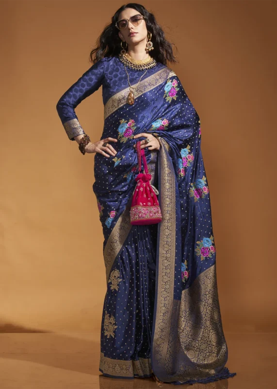 Navy Blue Handloom Banarasi Saree