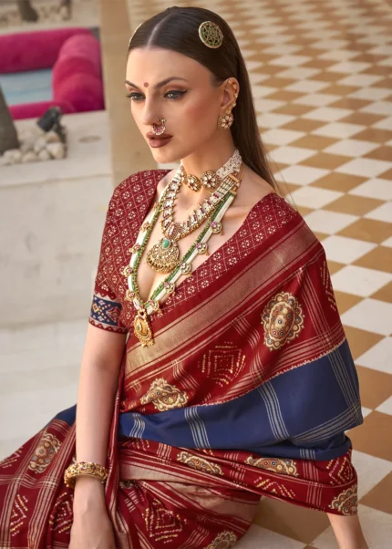 Navy Blue Printed Patola Saree with Red Blouse