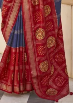 Navy Blue Printed Patola Saree with Red Blouse