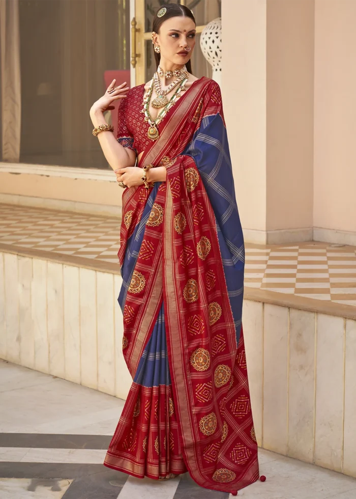 Navy Blue Printed Patola Saree with Red Blouse