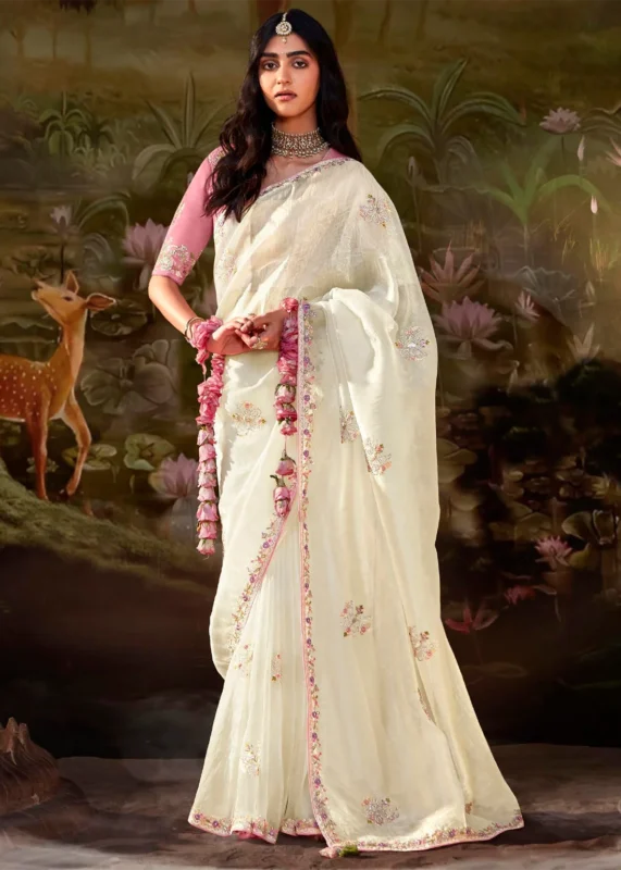 Off White Embroidered Organza Saree