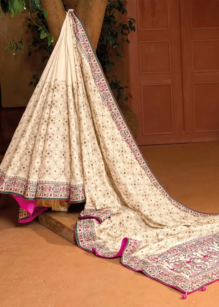 Off White Embroidered Saree with Kacchi Work