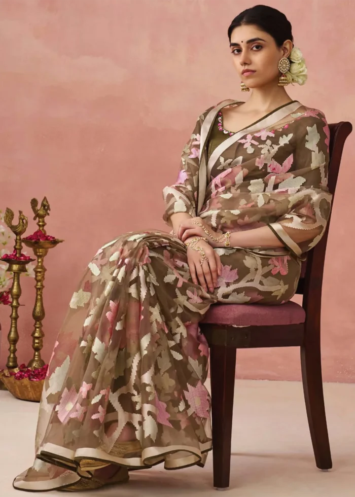 Olive Brown Woven Organza Brasso Saree