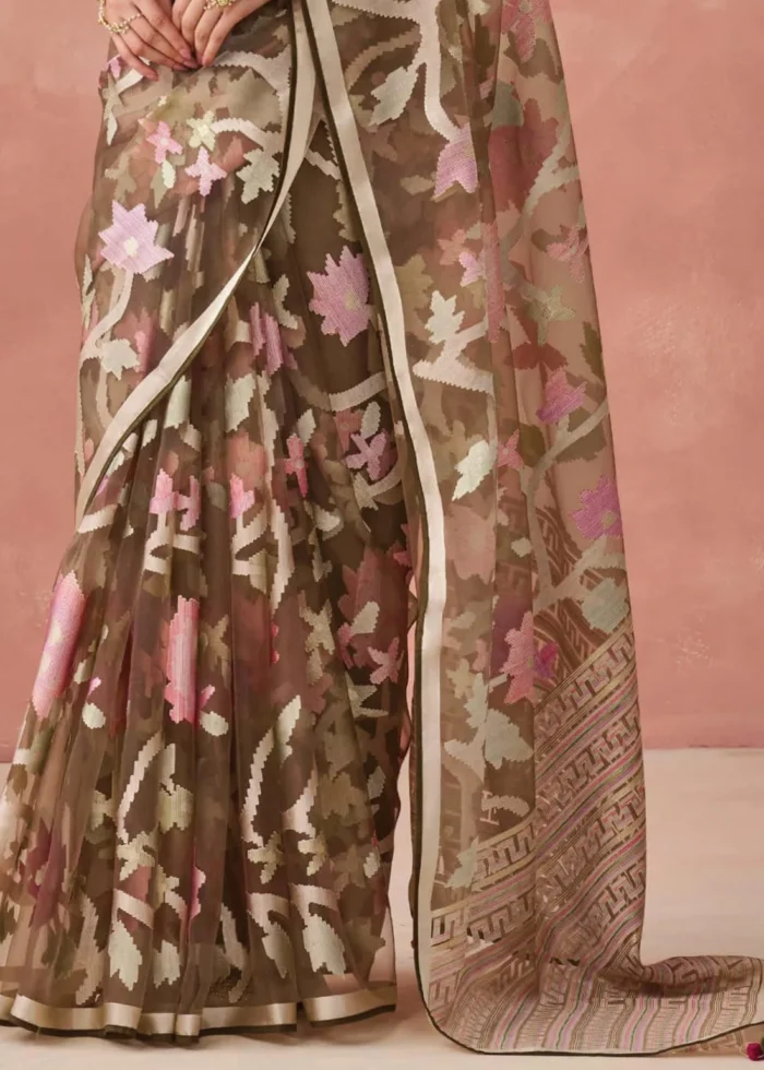 Olive Brown Woven Organza Brasso Saree