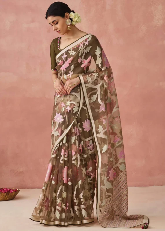 Olive Brown Woven Organza Brasso Saree