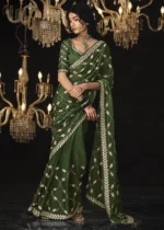 Olive Green Embroidered Tissue Silk Saree