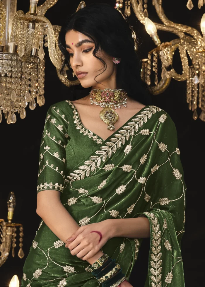 Olive Green Embroidered Tissue Silk Saree