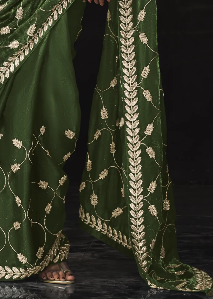 Olive Green Embroidered Tissue Silk Saree