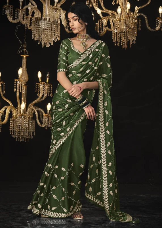 Olive Green Embroidered Tissue Silk Saree