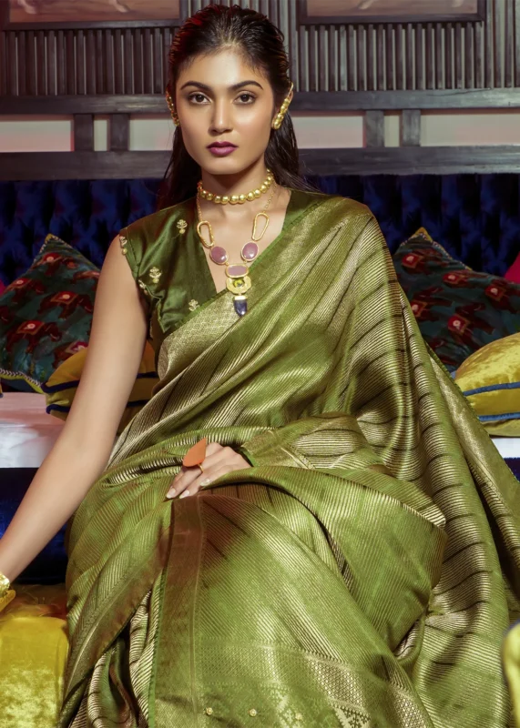 Olive Green Kanjivaram Satin Silk Saree with Pearl Work