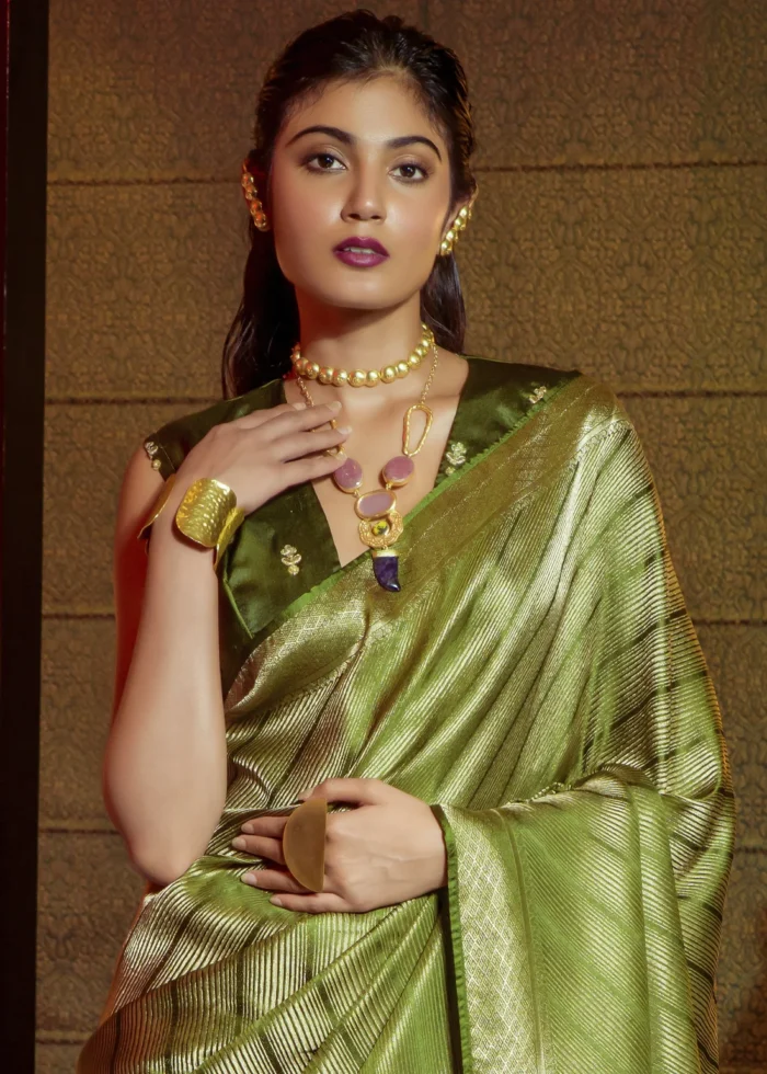 Olive Green Kanjivaram Satin Silk Saree with Pearl Work