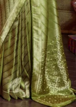 Olive Green Kanjivaram Satin Silk Saree with Pearl Work