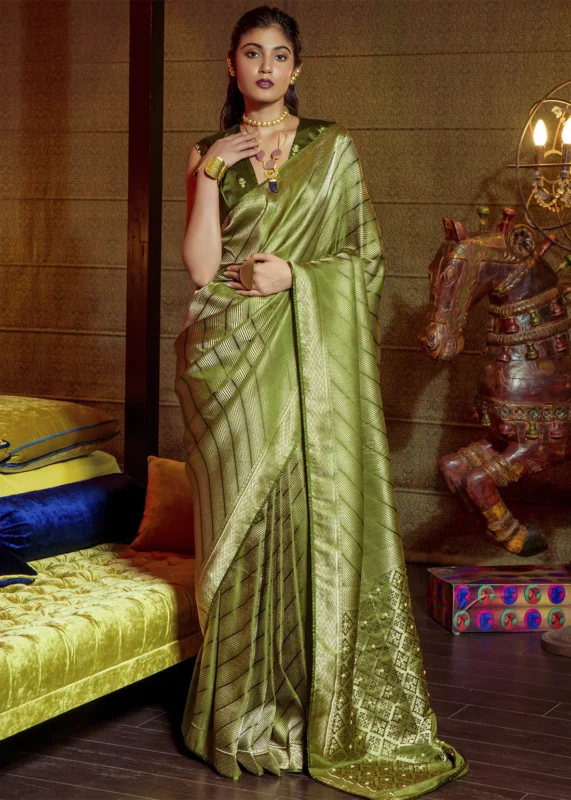 Olive Green Kanjivaram Satin Silk Saree with Pearl Work