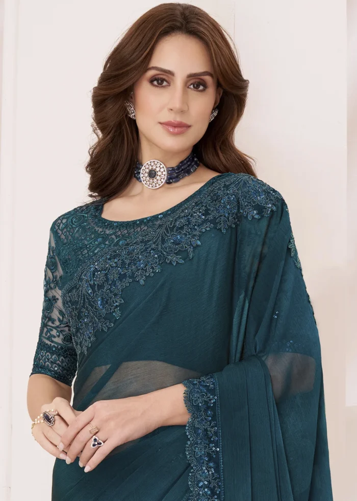 Peacock Blue Embroidered Chiffon Saree