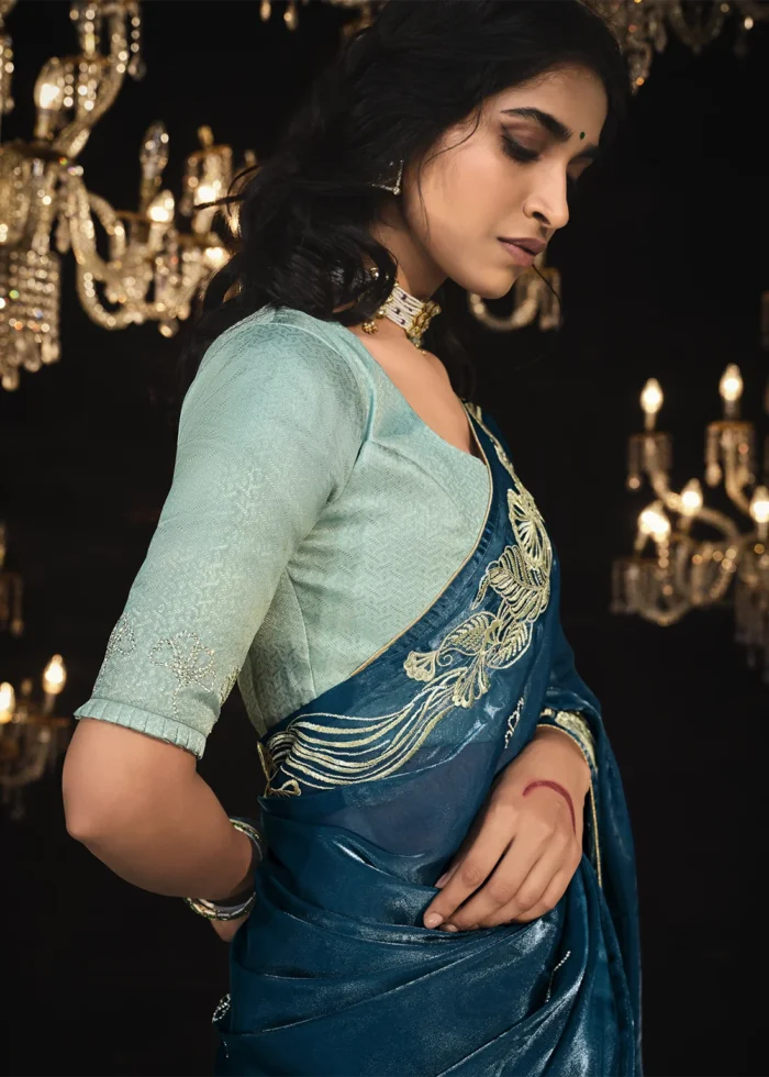 Peacock Blue Embroidered Silk Saree