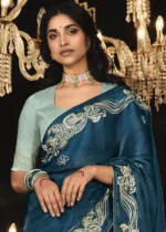 Peacock Blue Embroidered Silk Saree