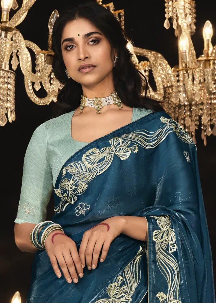 Peacock Blue Embroidered Silk Saree