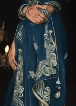 Peacock Blue Embroidered Silk Saree