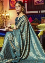 Peacock Blue Kanjivaram Satin Silk Saree with Pearl Work