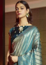 Peacock Blue Kanjivaram Satin Silk Saree with Pearl Work