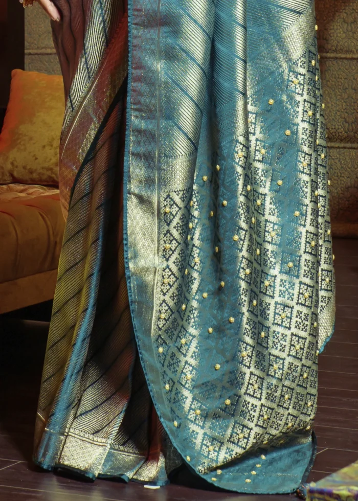 Peacock Blue Kanjivaram Satin Silk Saree with Pearl Work