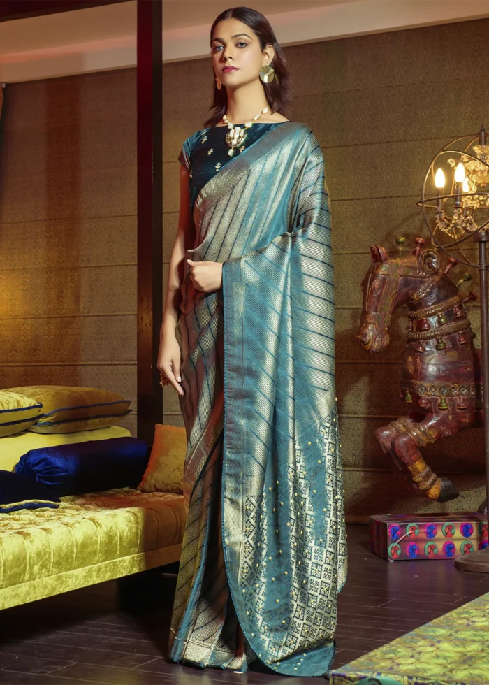 Peacock Blue Kanjivaram Satin Silk Saree with Pearl Work