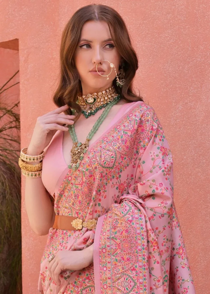 Pink Kashmiri Jamawar Pashmina Saree