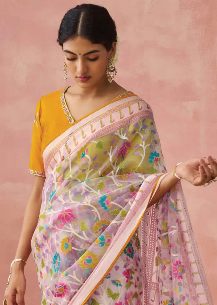 Pink Woven Organza Brasso Saree