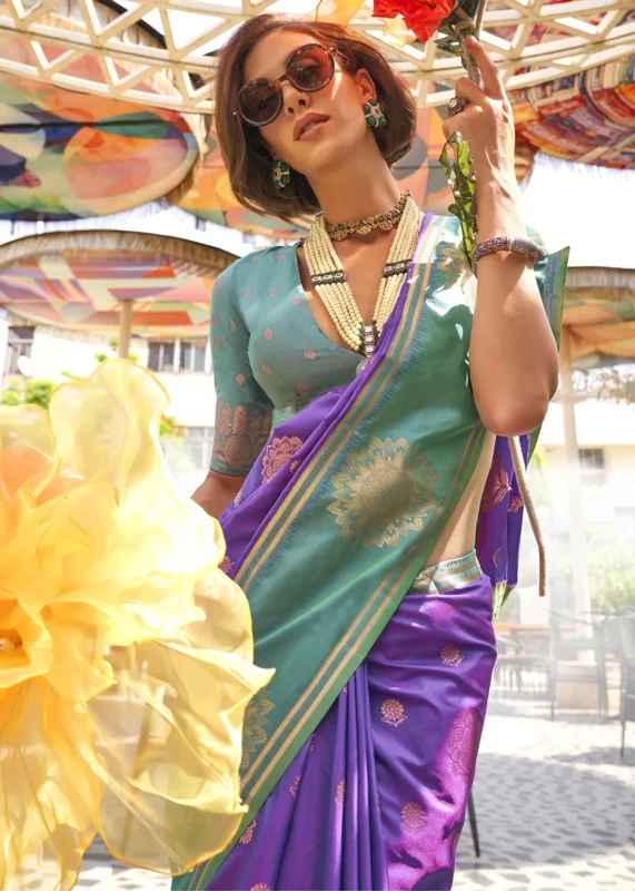 Purple Banarasi Silk Saree with Teal Blouse