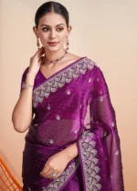 Purple Embroidered Chiffon Saree with Stone Work