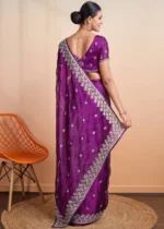 Purple Embroidered Chiffon Saree with Stone Work