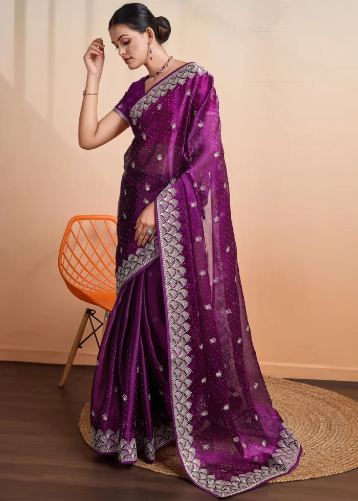 Purple Embroidered Chiffon Saree with Stone Work