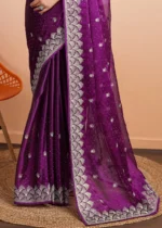 Purple Embroidered Chiffon Saree with Stone Work