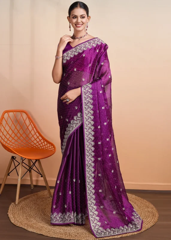 Purple Embroidered Chiffon Saree with Stone Work