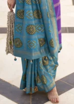 Purple Printed Patola Saree with Blue Blouse