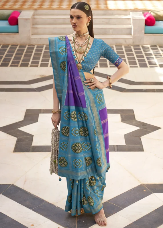 Purple Printed Patola Saree with Blue Blouse