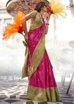 Rani Pink Banarasi Silk Saree with Green Blouse