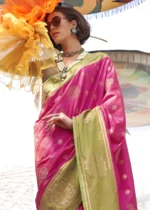 Rani Pink Banarasi Silk Saree with Green Blouse