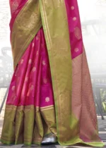 Rani Pink Banarasi Silk Saree with Green Blouse