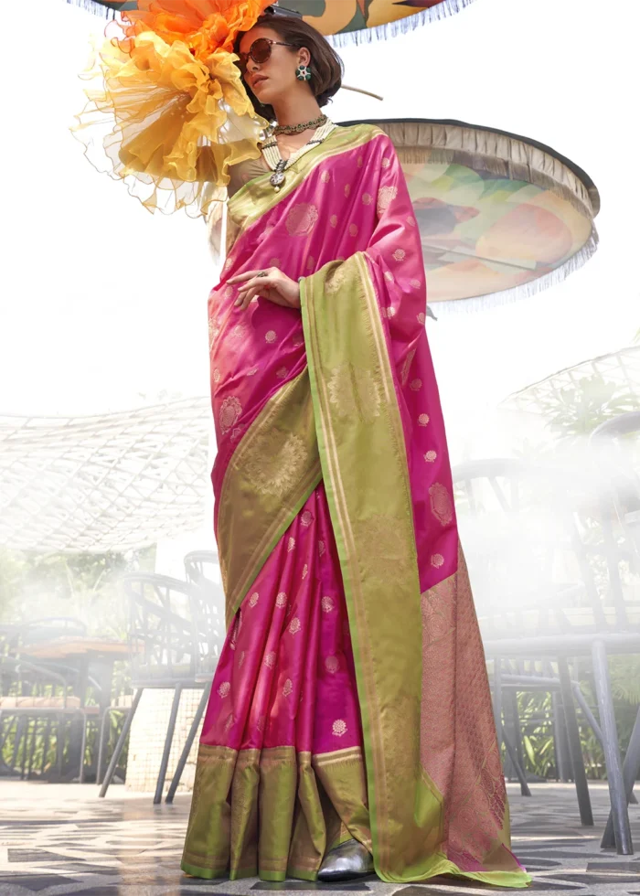 Rani Pink Banarasi Silk Saree with Green Blouse