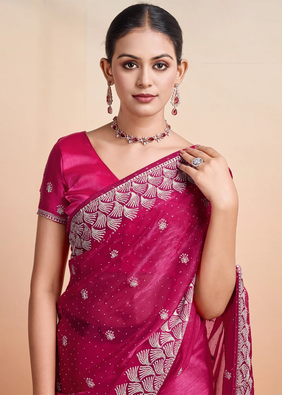 Raspberry Pink Embroidered Chiffon Saree with Stone Work