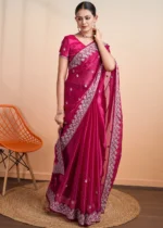 Raspberry Pink Embroidered Chiffon Saree with Stone Work