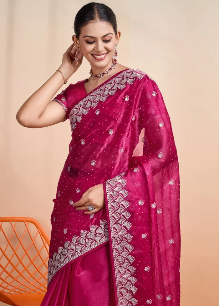 Raspberry Pink Embroidered Chiffon Saree with Stone Work