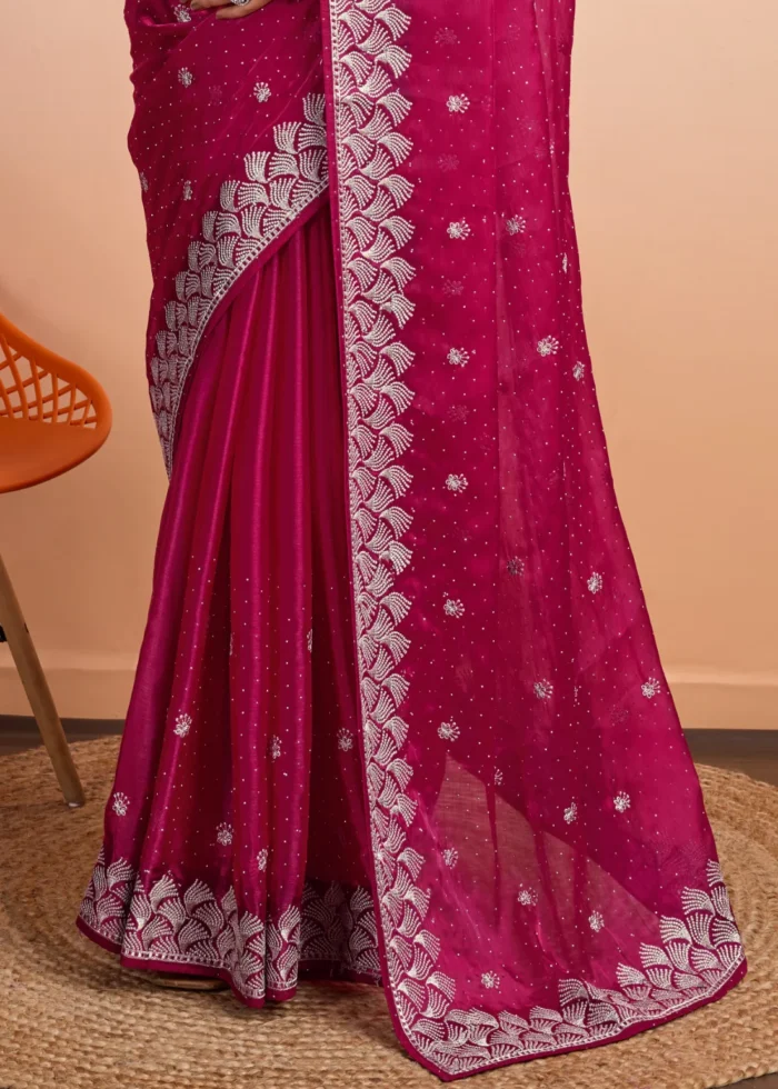 Raspberry Pink Embroidered Chiffon Saree with Stone Work