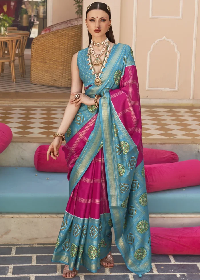 Raspberry Pink Printed Patola Saree with Blue Blouse