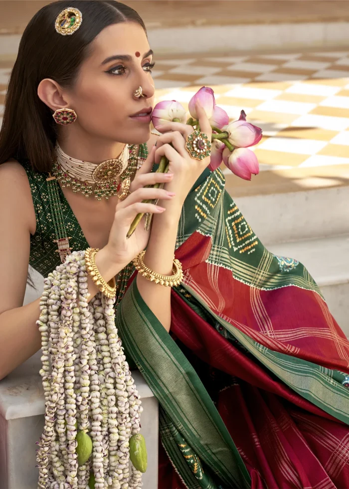 Red Printed Patola Saree with Green Blouse