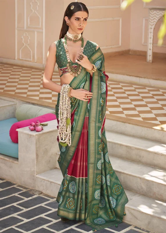 Red Printed Patola Saree with Green Blouse