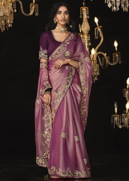 Rose Pink Embroidered Silk Saree with Embroidered Blouse